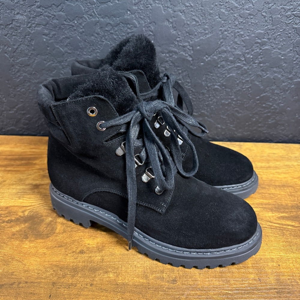 M.Gemi The Alpi Black Suede Shearling Lined Hiking Ankle Boots‎ Womens 37.5 7.5